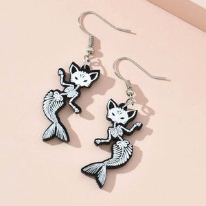 🧿 3 for $33 🧿 Spooky Lil' Skeletal Mermaid Kittens Dangle Earrings